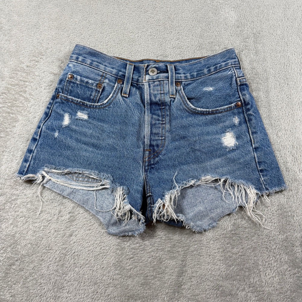 Levis Premium 501 Original Cut Off Shorts Women 24 Blue Distressed High Rise